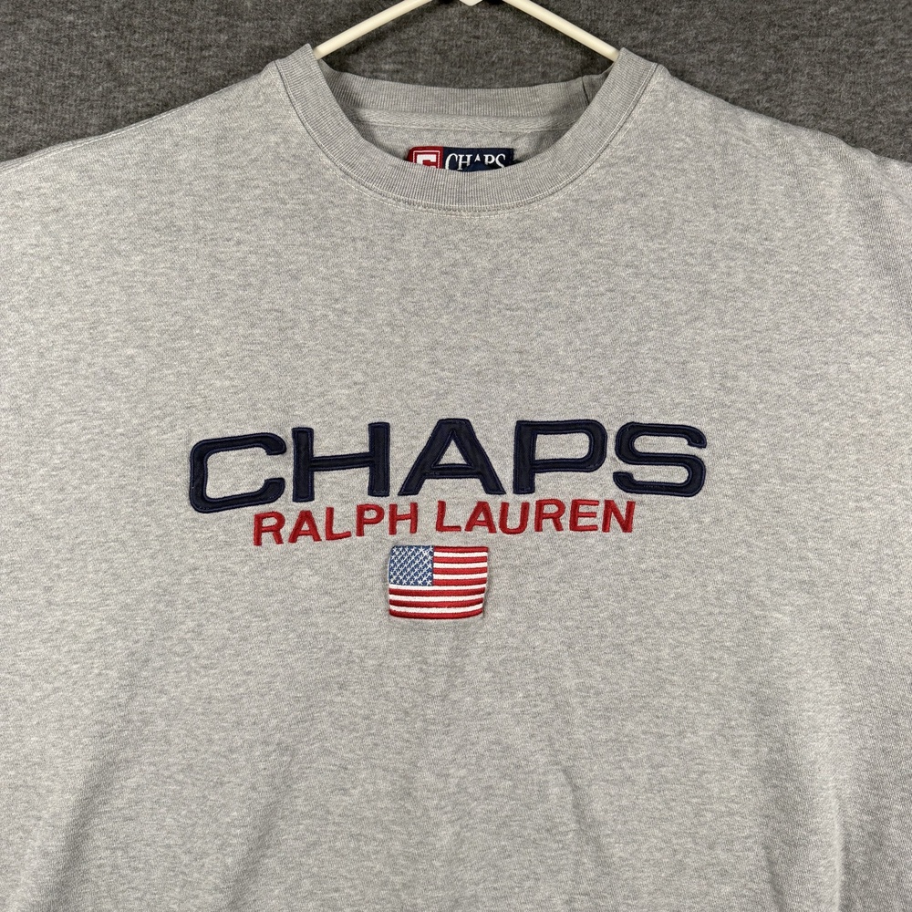 VTG Y2K Chaps Ralph Lauren Sweatshirt Mens XL Gray USA Flag Crewneck Fleece